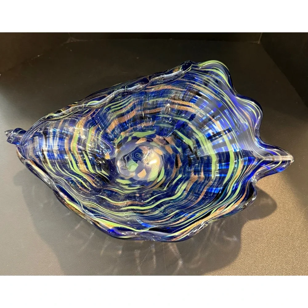 Art Glass Conch Shell Bowl Blue Green Gold Aventurine Swirl Murano Style 13